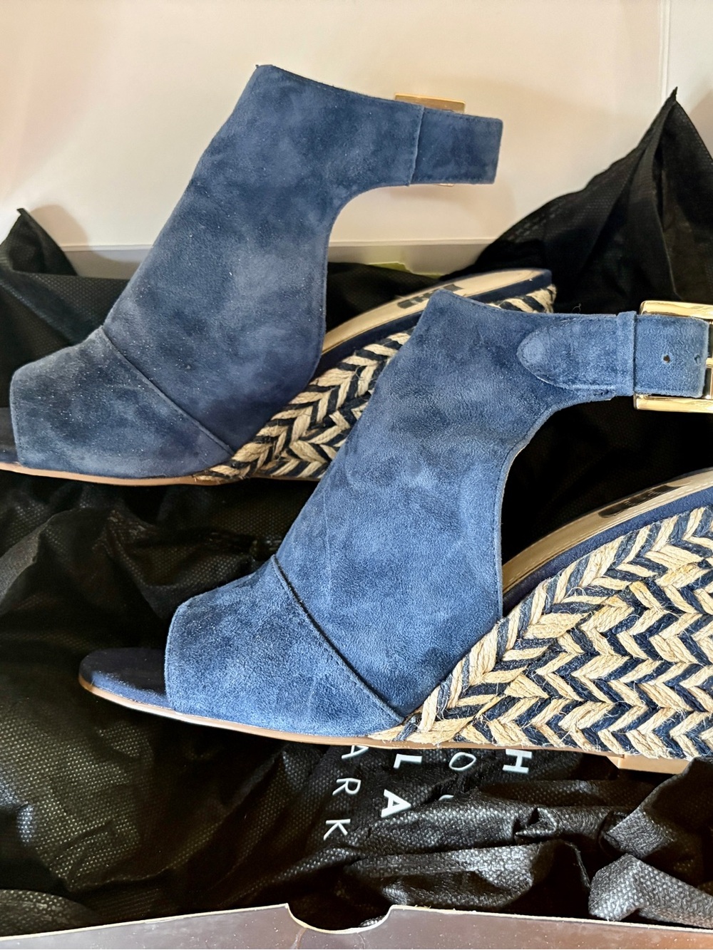 White House Black Market Navy Suede Peep-Toe Espadrille Wedges